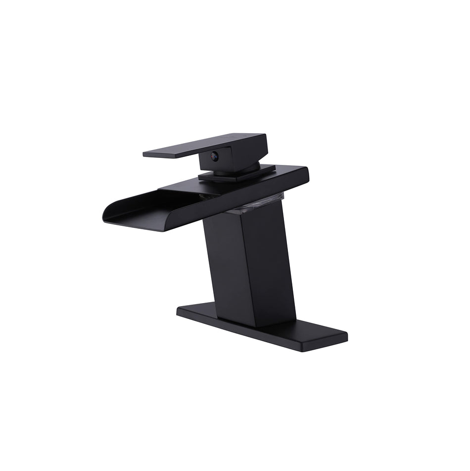 Matte Black Waterfall 3 Color LED Lights Single Handle Bathroom Sink Faucet Set with Cover And Pop Up Brass Overflow Drain