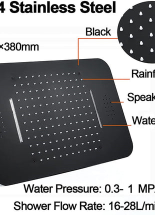 Matte Black Music LED Flushed in 23X 15inch shower head 5 way thermostatic shower system with regular shower head and body jets