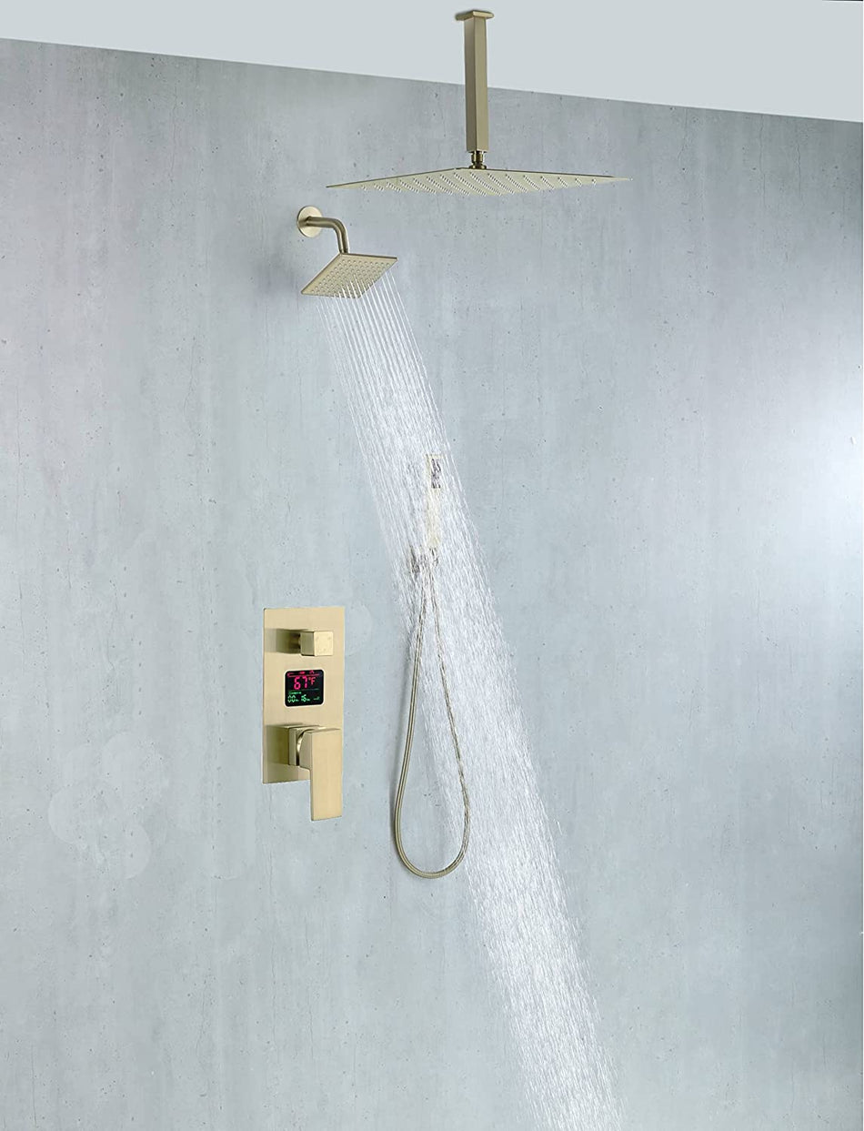 Brushed Gold Ceiling Mount 12 inch or 16 Inch Rainfall Shower Head Wall Mount 6 Inch Regular High Water Pressure Shower Head 3 Way Digital display Shower Faucet