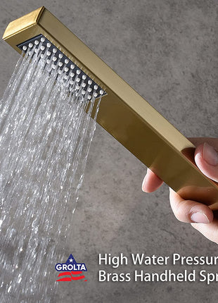 Brushed Gold Ceiling Mount 12 inch or 16 Inch Rainfall Shower Head 3 Way Thermostatic Shower Faucet with Sliding Bar and Body Jets each Function Work All Together and Separately