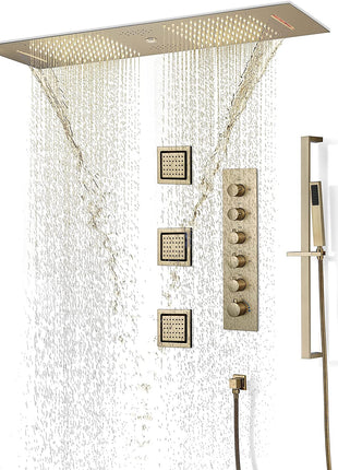 Brushed Gold 36 Inch  Flushed Ceiling Mount Rainfall Waterfall Water Column 64 LED Light Bluetooth Music Shower Head 5 Way Thermostatic Shower Faucet Set with Body Jets and Touch Panel