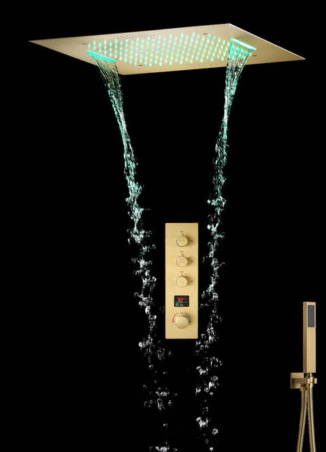 Brushed Gold Music 64 LED lights Flushed mount 20 X 20 inch rain waterfall shower head 3 way Digital display thermostatic valve that each function run all together and separately