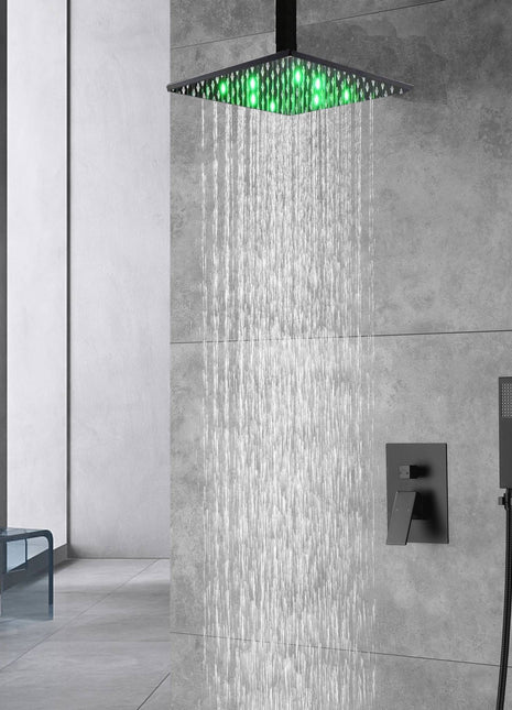 Two way Matt Black 3 LED Colors Rainfall head pressure balance shower faucet Ceiling mounted