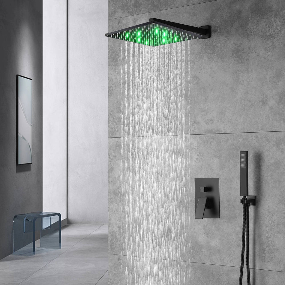 2 way Wall Mounted Matte Black 3 LED rain shower pressure balance Shower System with Rough-in Valve Body and Trim