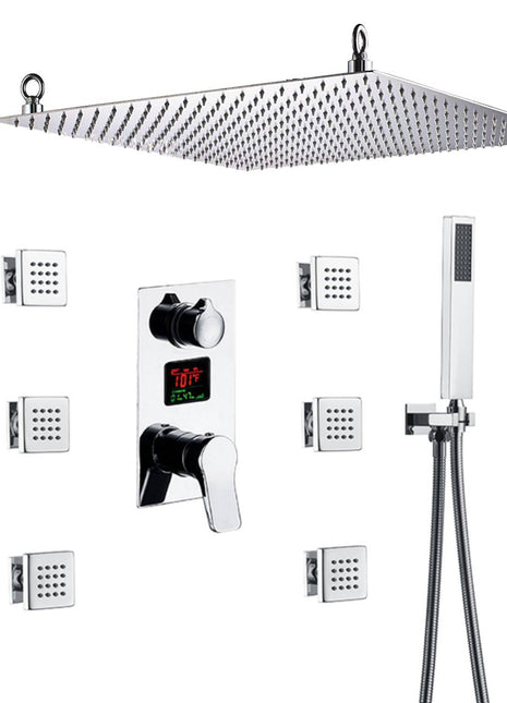 Fahrenheit temperature Digital display 20inch Non led Rain Shower System with Handheld Shower & 6 Body Sprays in Polished Chrome