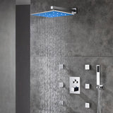 12 inch or 16 inch wall mount 3 LED light Chrome 3 way Thermostaic Shower valve systems with 6 body jets that each function run All together and separately