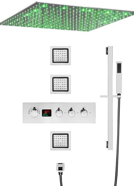 Chrome 20 INCH LED Rainfall 3 way digital Thermostatic shower faucetswith body jets each function work all together and separately