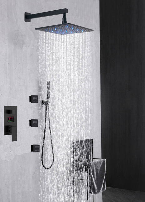 3 way wall mounted Matte Black anti-scald pressure balance Digital display valve 12inch or 16 inch  LED Shower Faucet with 6 body jets