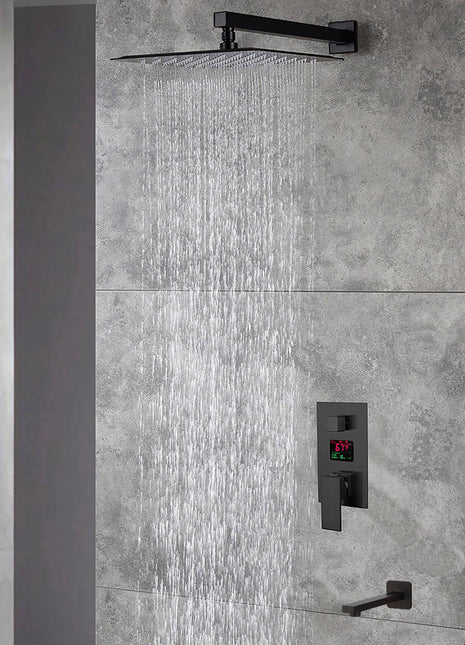 12 INCH or 16 INCH wall mounted 3 way matte black pressure balance Digital display rain showers with Tub spout