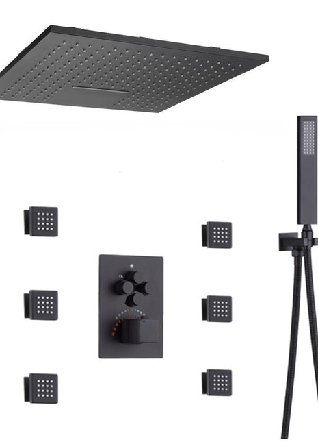 20'' Flushed on rainfall and waterfall ceiling matte Black 4 way thermostatic shower faucets with 6 body jets