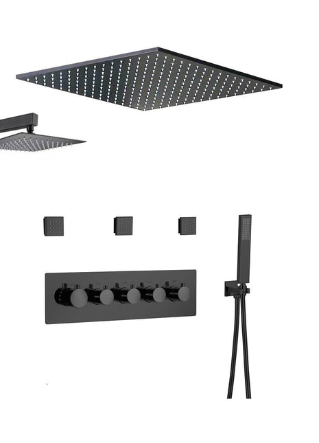 20inch matte black rainfall shower system 4 way thermostatic rough in valve with body jets and 8inch wall mount shower head
