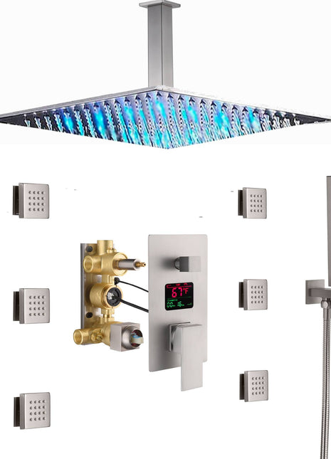 12 INCH or 16 INCH LED ceiling mounted 3 way Brushed Nickel pressure balance Digital display rain showers with 6 body jets