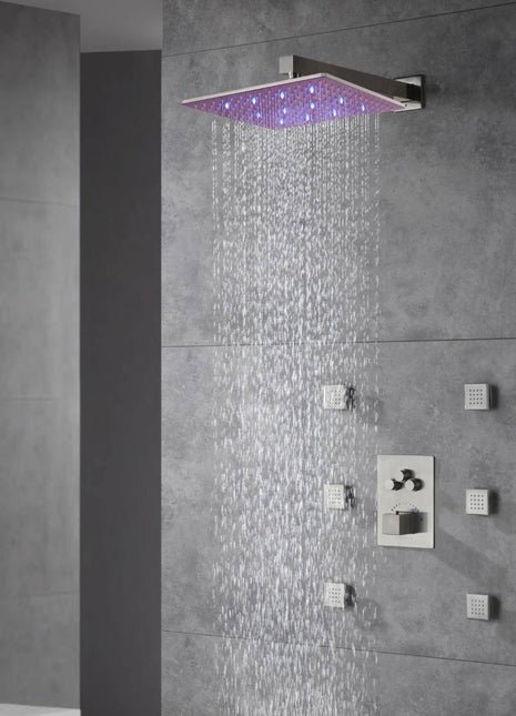 12 inch or 16 inch Brushed Nickel 3 LED color light Rain Shower system with 6 body jets and 3 way Thermostatic valve that each function work all together and separately