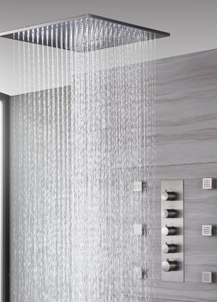 20-Inch Ceiling-Mount Rainfall and Waterfall Shower System in Brushed Nickel with 4-Way Thermostatic Valve and 6 Body Jets