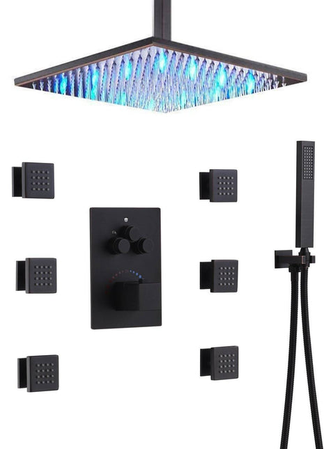 12 inch or 16 inch  led light Ceiling Mounted Oil Rubbed Bronze 3 way thermostatic Shower Faucet System with 6 body jets