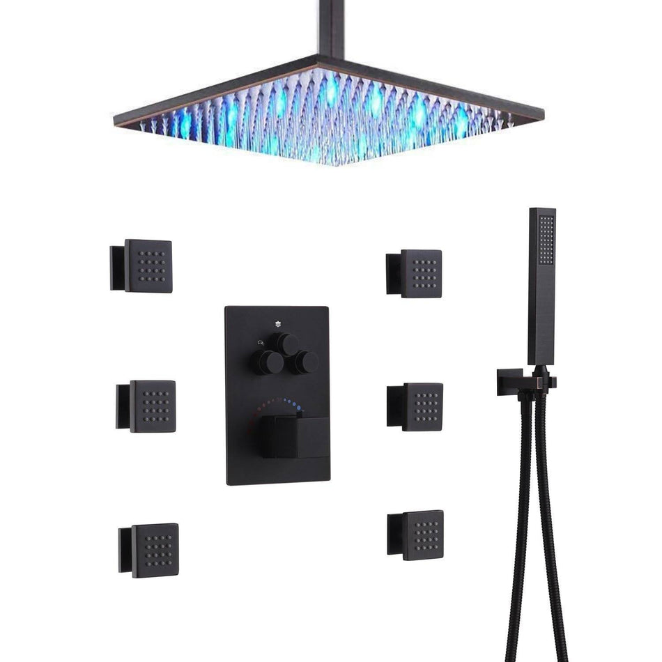 12 inch or 16 inch  led light Ceiling Mounted Oil Rubbed Bronze 3 way thermostatic Shower Faucet System with 6 body jets