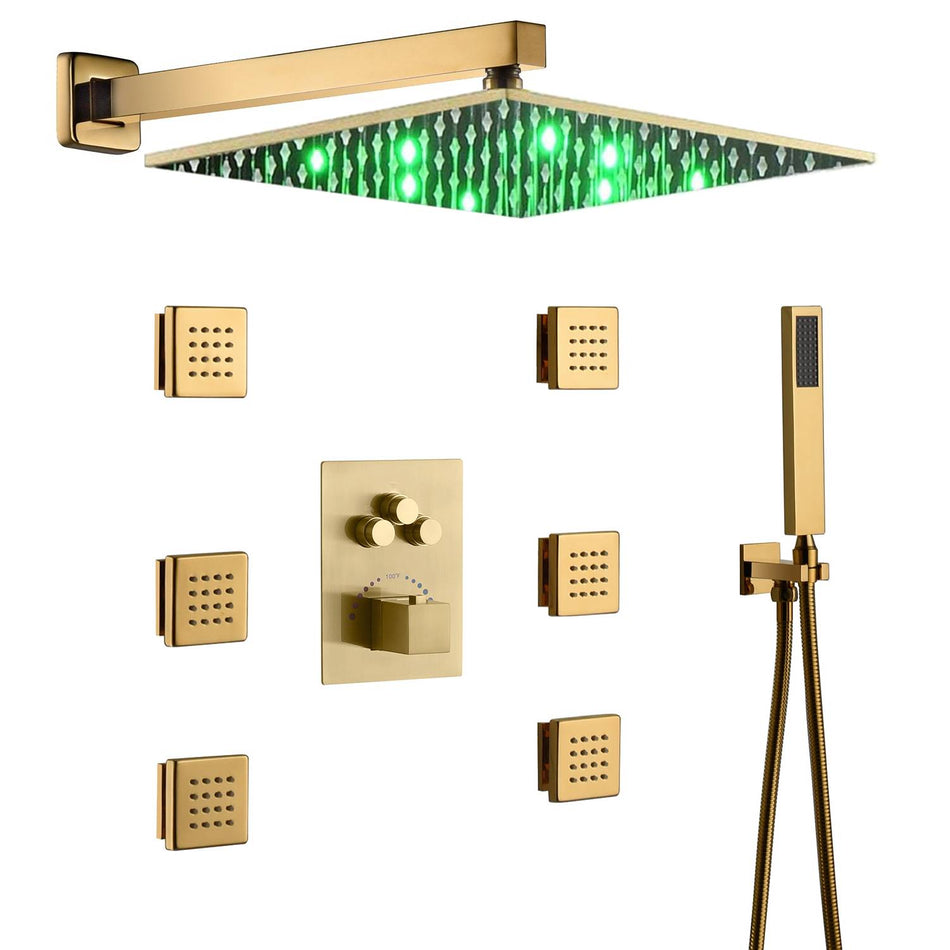 12 inch or 16 inch LED Polished gold Wall mount 3 way Thermostatic Shower valve system that each function run all together and separately