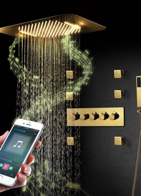 Gold Music LED Flushed in 23X 15inch shower head 4 way thermostatic valve that each function run at the same time and seperately