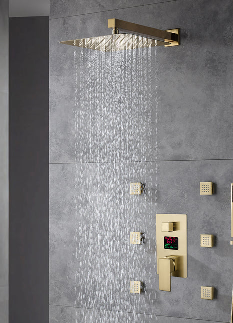 12 INCH or 16 INCH LED wall mounted 3 way Brushed Gold anti-scald Digital display rain showers with 6 body jets