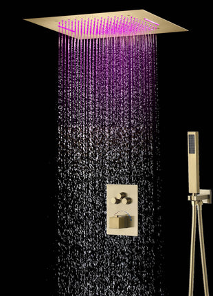 Brushed Gold Music 64 LED lights Flushed mount 20 X 20 inch rain waterfall shower head 3 way  thermostatic valve that each function run all together and separately