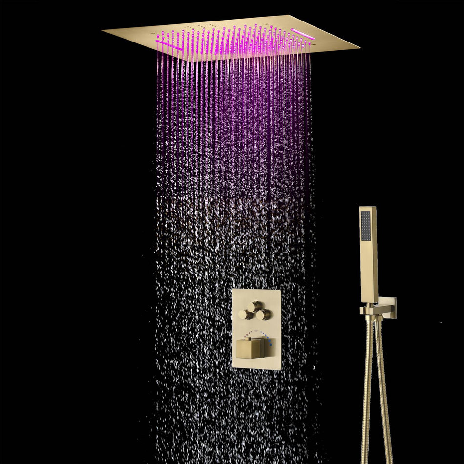 Brushed Gold Music 64 LED lights Flushed mount 20 X 20 inch rain waterfall shower head 3 way  thermostatic valve that each function run all together and separately