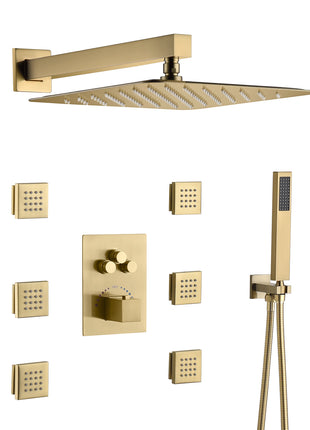 Brushed gold 3 way Thermostatic Shower jets system that each function run all together and separately