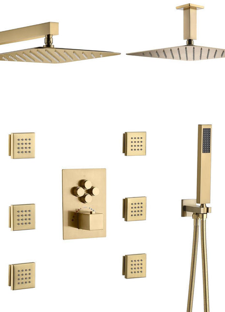Brushed gold Ceiling mount two shower heads 4 way Thermostatic Shower valve system that each function run all together and separately