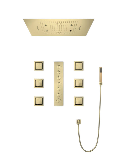 Brushed Gold Music LED Flushed in 31inch shower head 6 way thermostatic valve that each function run all together and separately
