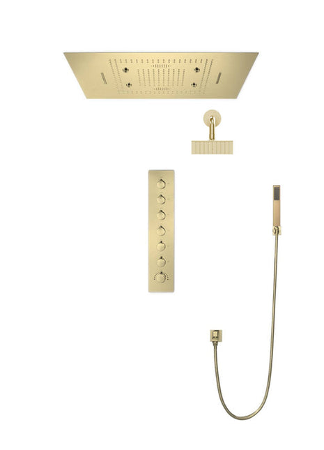 Brushed Gold Music LED Flushed in 31inch shower head 6 way thermostatic valve that each function run all together and separately