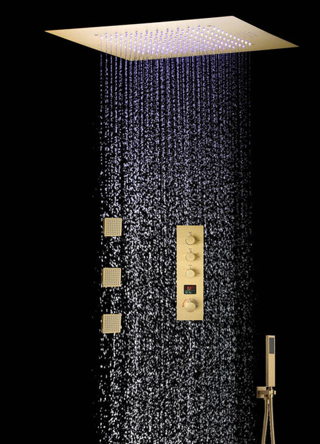 Brushed Gold Music 64 LED lights Flushed mount 20 X 20 inch rain shower head 3 way Digital display thermostatic valve that each function run all together and separately