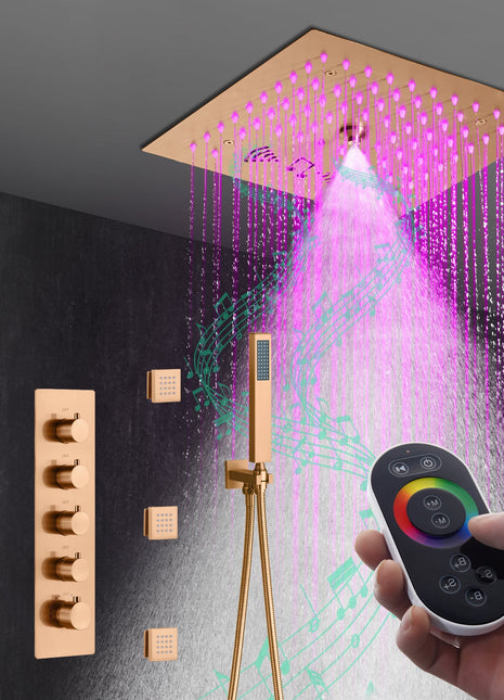 Flushed mount 12 inch 64 LED colors light Rose Gold Bluetooth Music 4 Way Thermostatic Shower Faucet with body sprayers