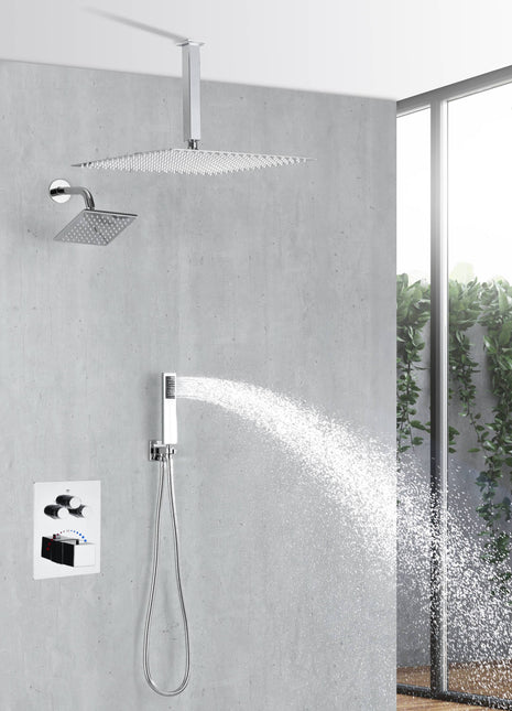 chrome ceiling 12 inch or 16 inch rainfall shower head wall mount 6 inch regular high water pressure shower head 3 way thermostatic shower faucet each function work all together and separately
