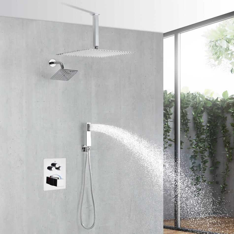 chrome ceiling 12 inch or 16 inch rainfall shower head wall mount 6 inch regular high water pressure shower head 3 way thermostatic shower faucet each function work all together and separately
