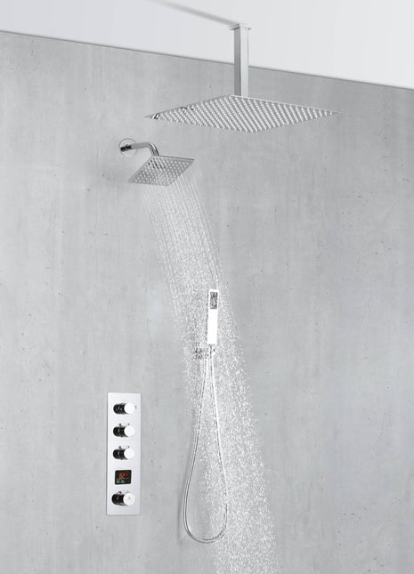 Chrome Ceiling 12 Inch or 16 inch Rainfall Shower Head Wall Mount 6 Inch Regular High Water Pressure Shower Head 3 Way Digital display Thermostatic Shower Faucet Each Function Work All Together And Separately