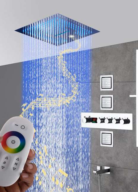16inch 64 colors LED Chrome Flushed in shower head 4 Way digital display Thermostatic Shower Faucet with body jets and sliding bar