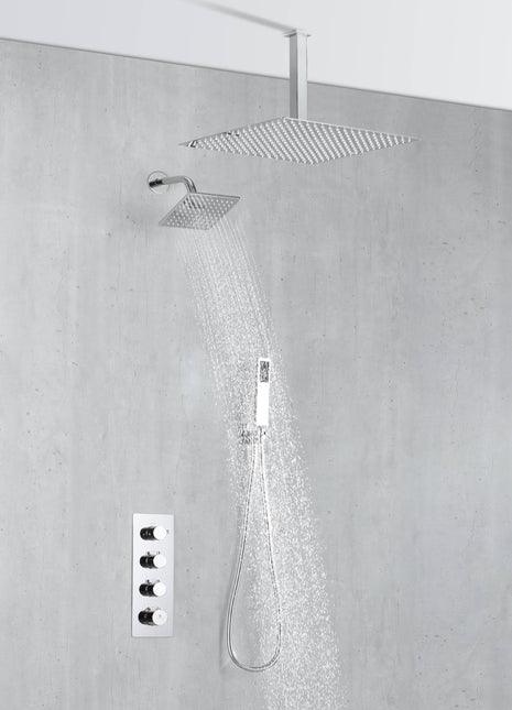Chrome Ceiling 12 Inch or 16 inch Rainfall Shower Head Wall Mount 6 Inch Regular High Water Pressure Shower Head 3 Way Thermostatic Shower Faucet Each Function Work All Together And Separately