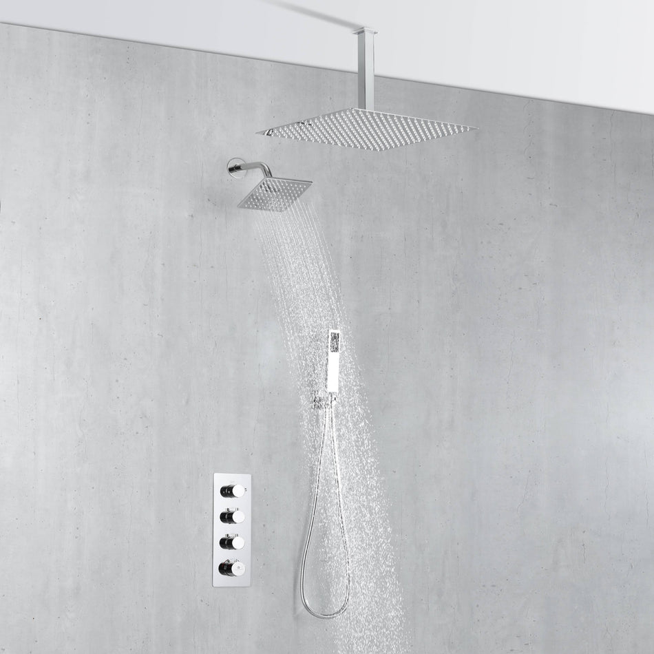 Chrome Ceiling 12 Inch or 16 inch Rainfall Shower Head Wall Mount 6 Inch Regular High Water Pressure Shower Head 3 Way Thermostatic Shower Faucet Each Function Work All Together And Separately