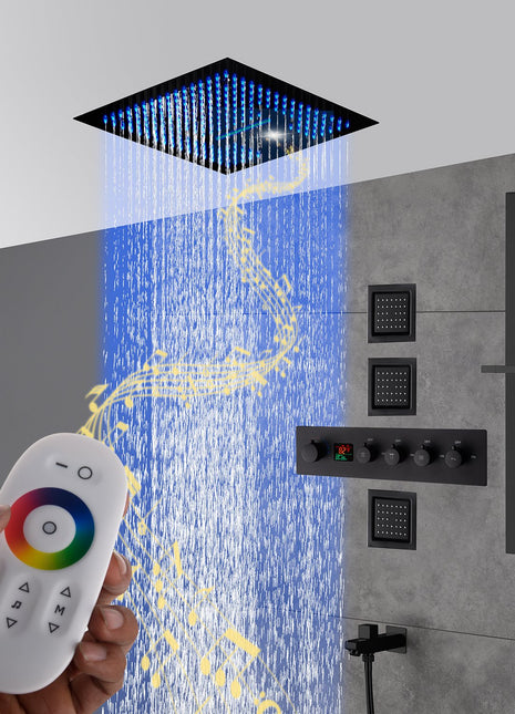 16inch 64 colors LED matt black Flushed in shower head 4 Way digital display Thermostatic Shower Faucet with body jets and sliding bar