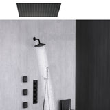 24 inch or 20 inch matte black rainfall shower system 4 way thermostatic rough in valve with body jets and 6 inch wall mount shower head