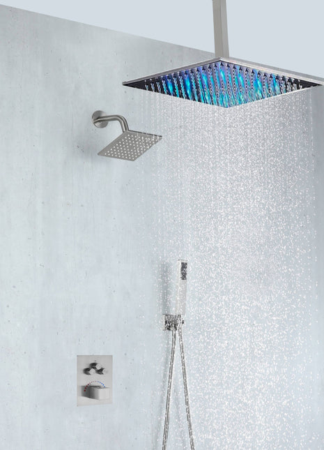 Brushed nickel Ceiling 12 Inch led Light Rainfall Shower Head Wall Mount 6 Inch Regular High Water Pressure Shower Head 3 Way Thermostatic Shower Faucet Each Function Work All together and separately