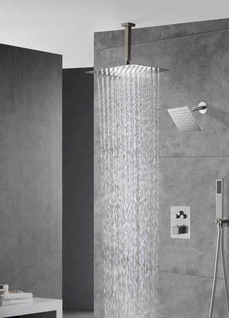 Brushed nickel Ceiling mount 12 Inch or 16 inch  Rainfall Shower Head Wall Mount 6 Inch Regular High Water Pressure Shower Head 3 Way Thermostatic Shower Faucet Each Function Work All together and separately