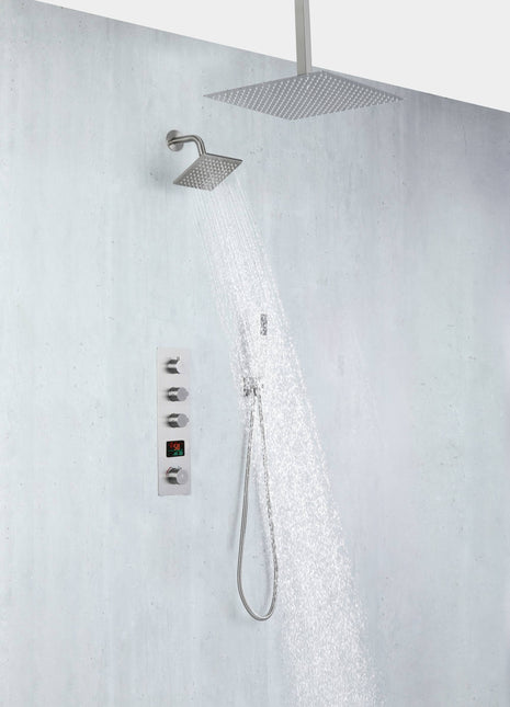 Brushed nickel Ceiling 12 Inch or 16 inch Rainfall Shower Head Wall Mount 6 Inch Regular High Water Pressure Shower Head 3 Way Digital display Thermostatic Shower Faucet Each Function Work All Together And Separately