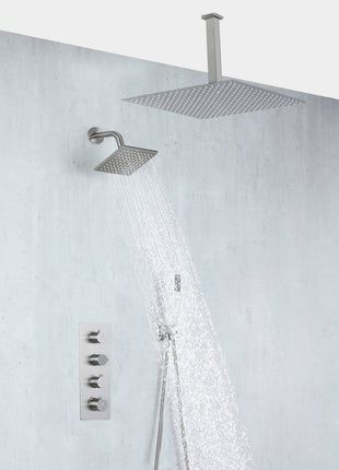 Brushed nickel Ceiling 12 Inch or 16 inch Rainfall Shower Head Wall Mount 6 Inch Regular High Water Pressure Shower Head 3 Way Thermostatic Shower Faucet Each Function Work All Together And Separately