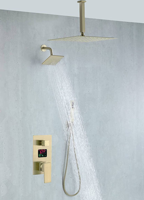 Brushed Gold Ceiling Mount 12 inch or 16 Inch Rainfall Shower Head Wall Mount 6 Inch Regular High Water Pressure Shower Head 3 Way Digital display Shower Faucet