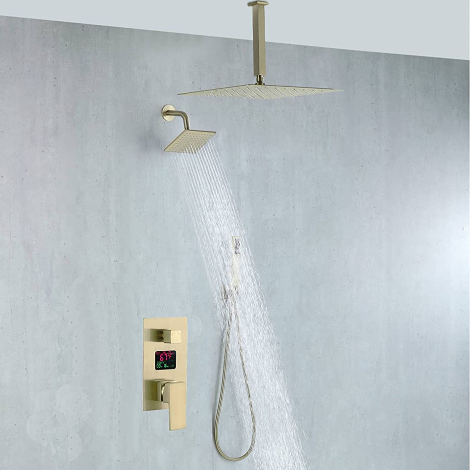 Brushed Gold Ceiling Mount 12 inch or 16 Inch Rainfall Shower Head Wall Mount 6 Inch Regular High Water Pressure Shower Head 3 Way Digital display Shower Faucet