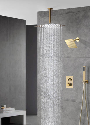 Brushed Gold Ceiling Mount Rainfall Head 3 Way Thermostatic Shower Faucet With 6'' Regular Head