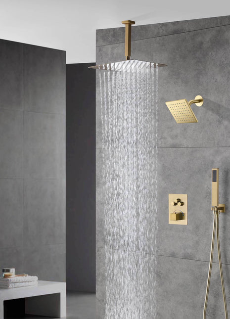 Brushed Gold Ceiling Mount Rainfall Head 3 Way Thermostatic Shower Faucet With 6'' Regular Head
