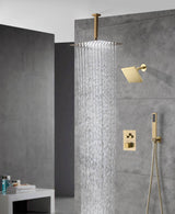 Brushed Gold Ceiling Mount Rainfall Head 3 Way Thermostatic Shower Faucet With 6'' Regular Head