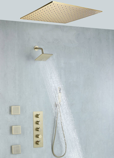 20 inch ceiling mount Brushed gold 4 way thermostatic shower faucet with high pressure 6 '' head and 4 inch body jets and handle sprayer