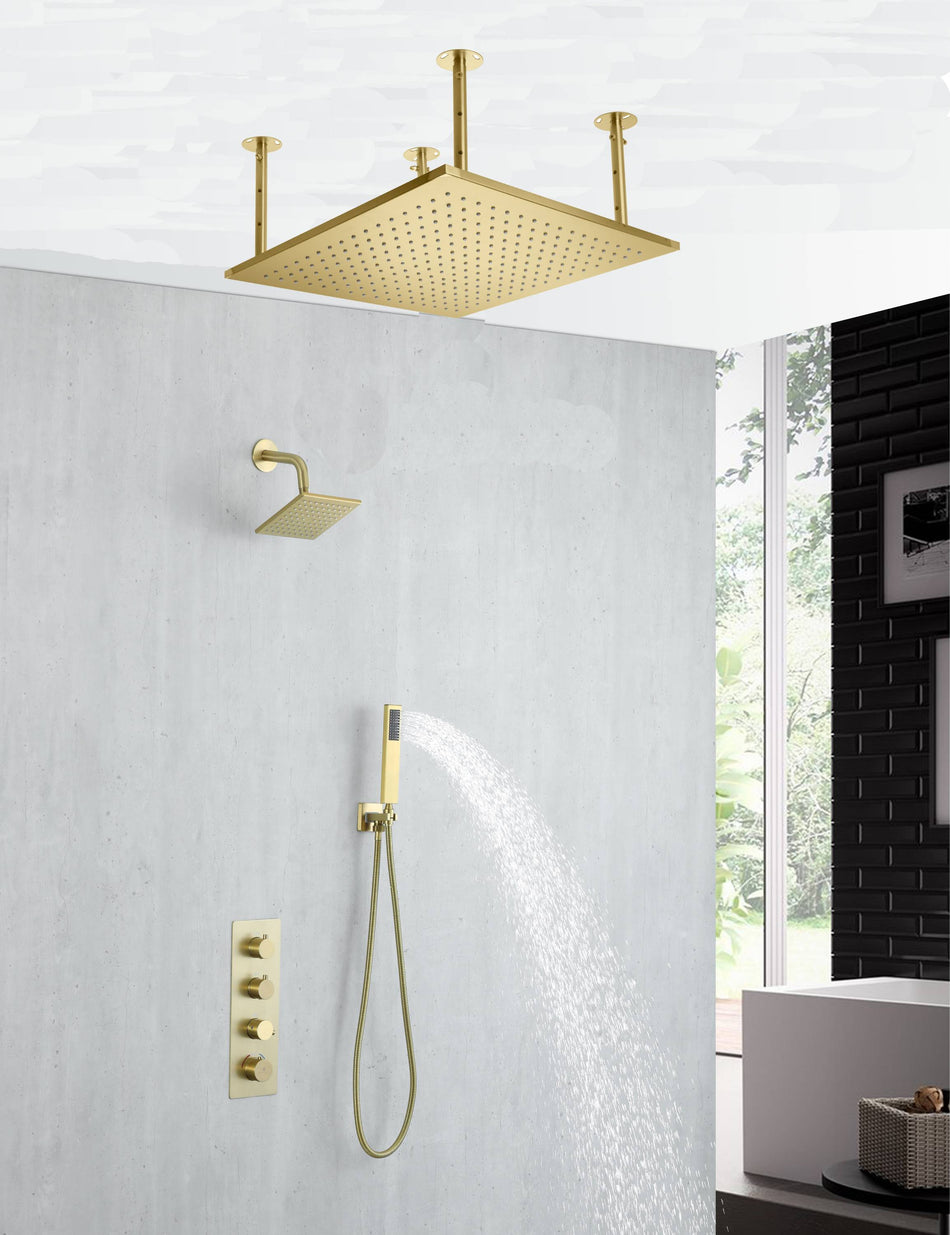 20 inch ceiling mount Brushed gold 3 way thermostatic shower faucet with high pressure 6 '' head and handle sprayer